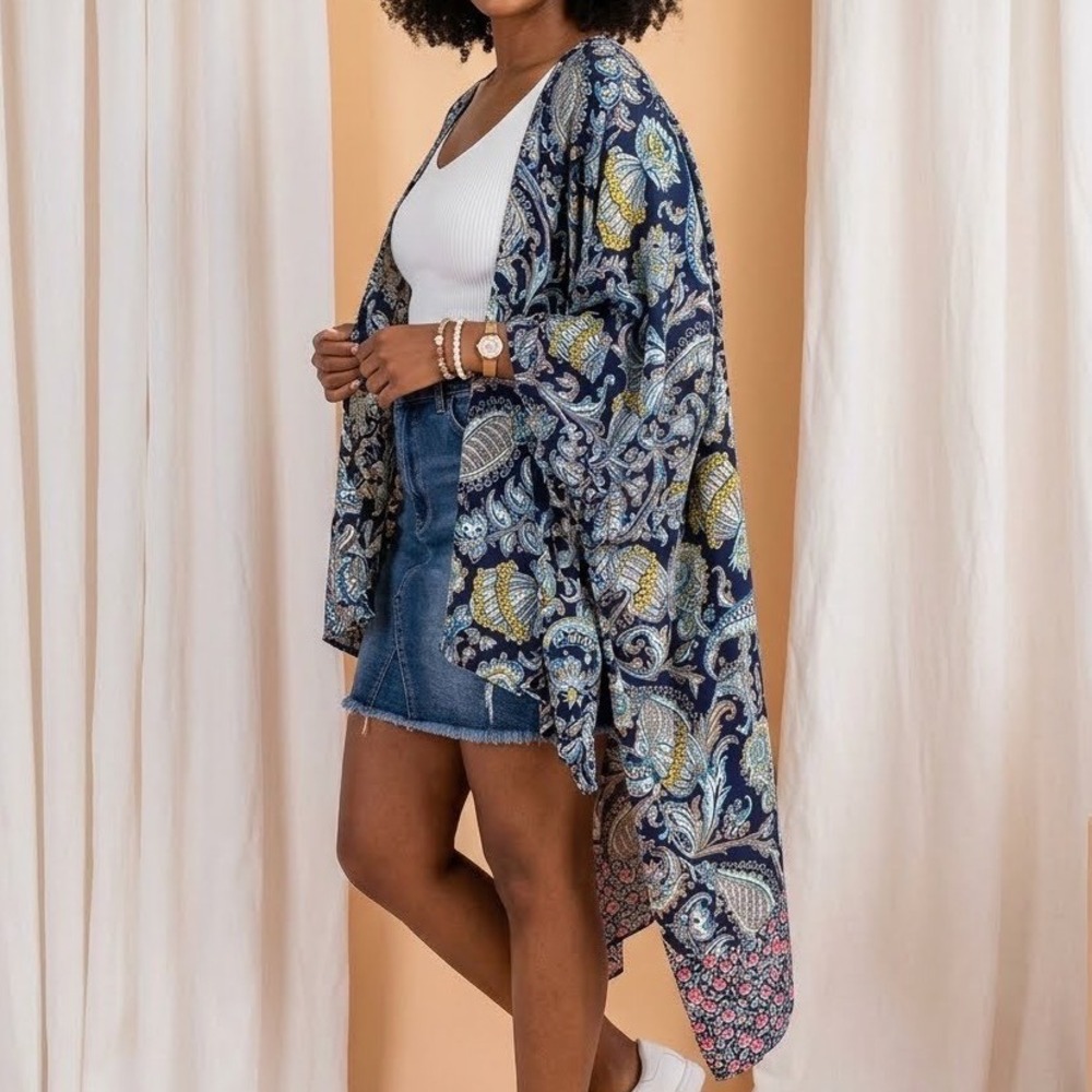 Easel Navy Blue Paisley Floral Kimono Cardigan Wrap Medium NWT Boho Layering